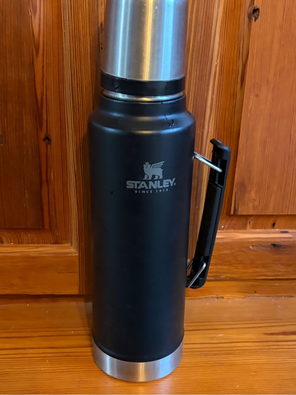 Stanley Black and Stainless Steel Insulated Bottle with Handle . Vintage